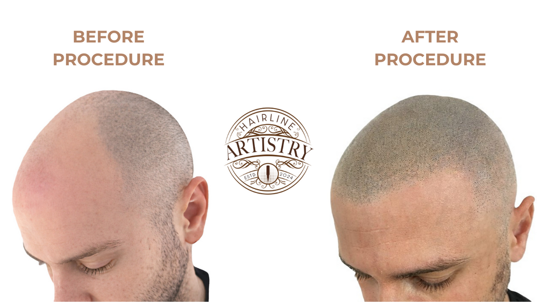 Before and after scalp micropigmentation procedure showing hairline restoration results