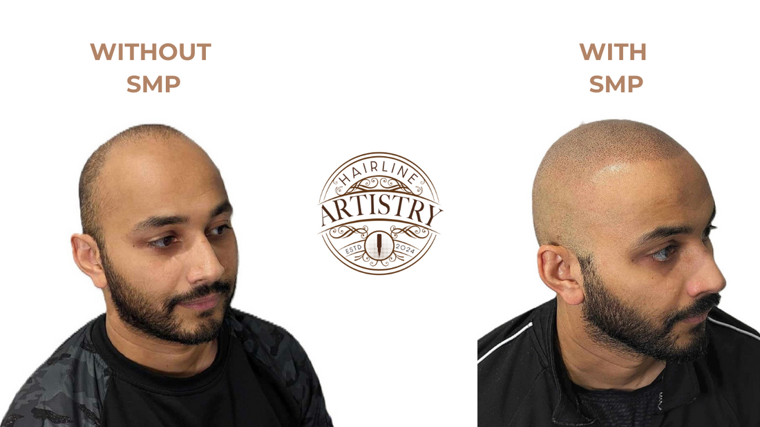 Before and after scalp micropigmentation treatment showing increased hair density and fuller appearance