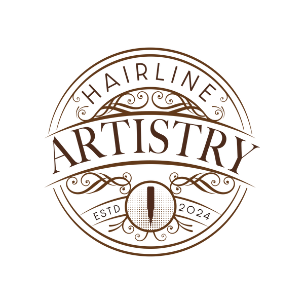 Logo for Hairline Artistry with decorative elements on a white background