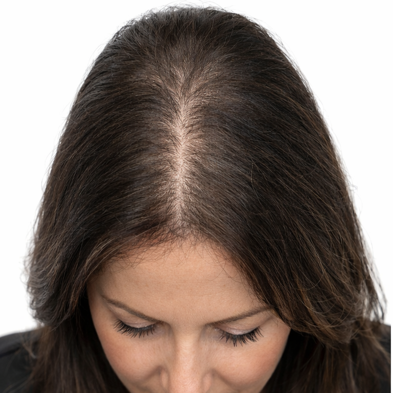 Top view of female scalp showing thinning hair along the parting line on the crown area