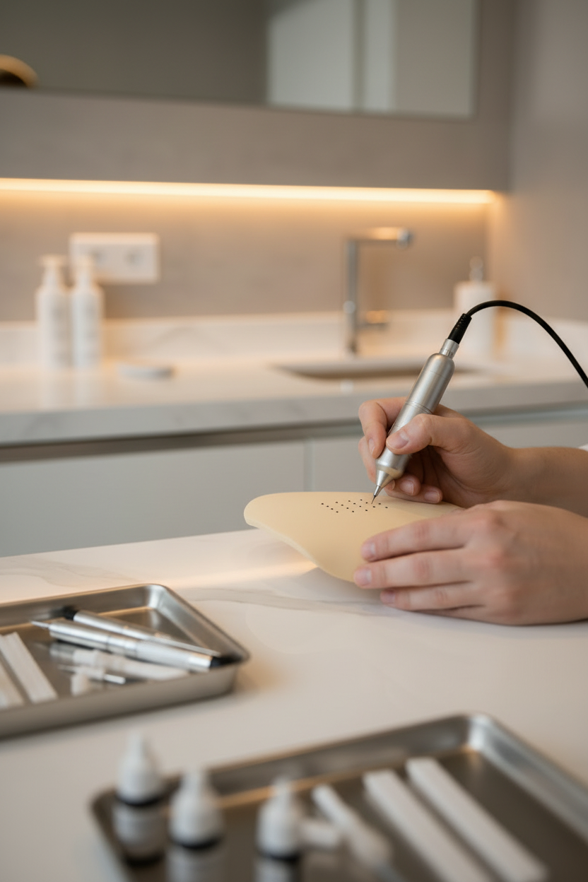 Practising scalp micropigmentation technique on a synthetic skin pad
